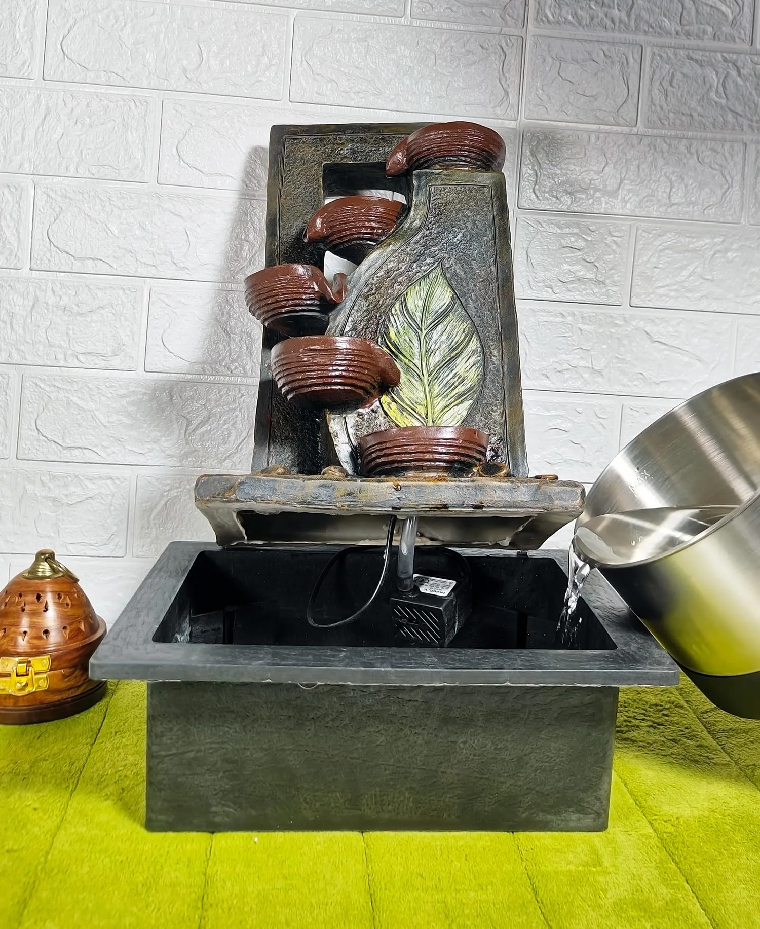 UrbCharm Polyresin 5 Step Diya Water Fountain for Home, Office, Garden (40 X 22 X 30Cm) Decor Items for Living Room | Best Gift for Any Occasion Water Fountain (Brown)