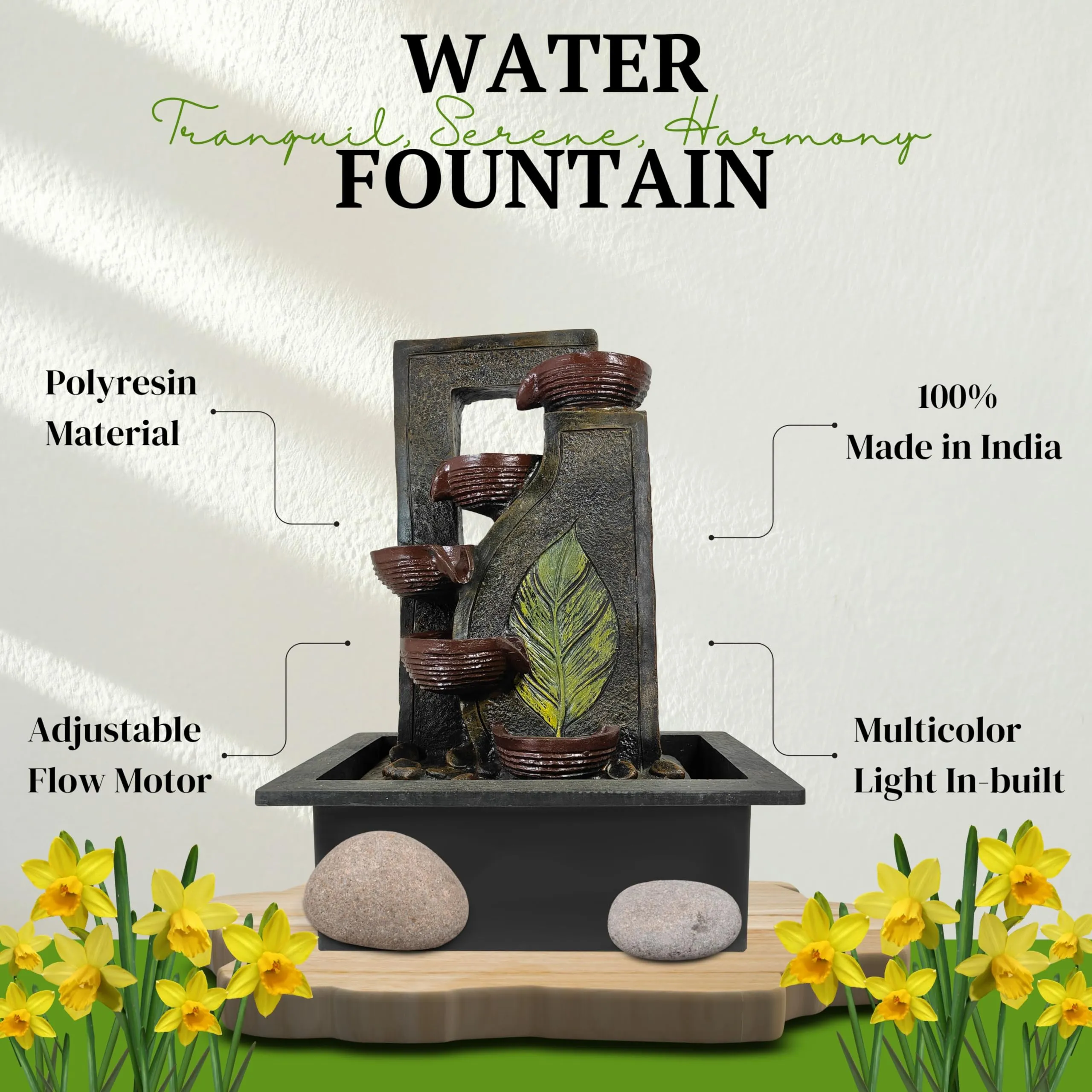 UrbCharm Polyresin 5 Step Diya Water Fountain for Home, Office, Garden (40 X 22 X 30Cm) Decor Items for Living Room | Best Gift for Any Occasion Water Fountain (Brown)