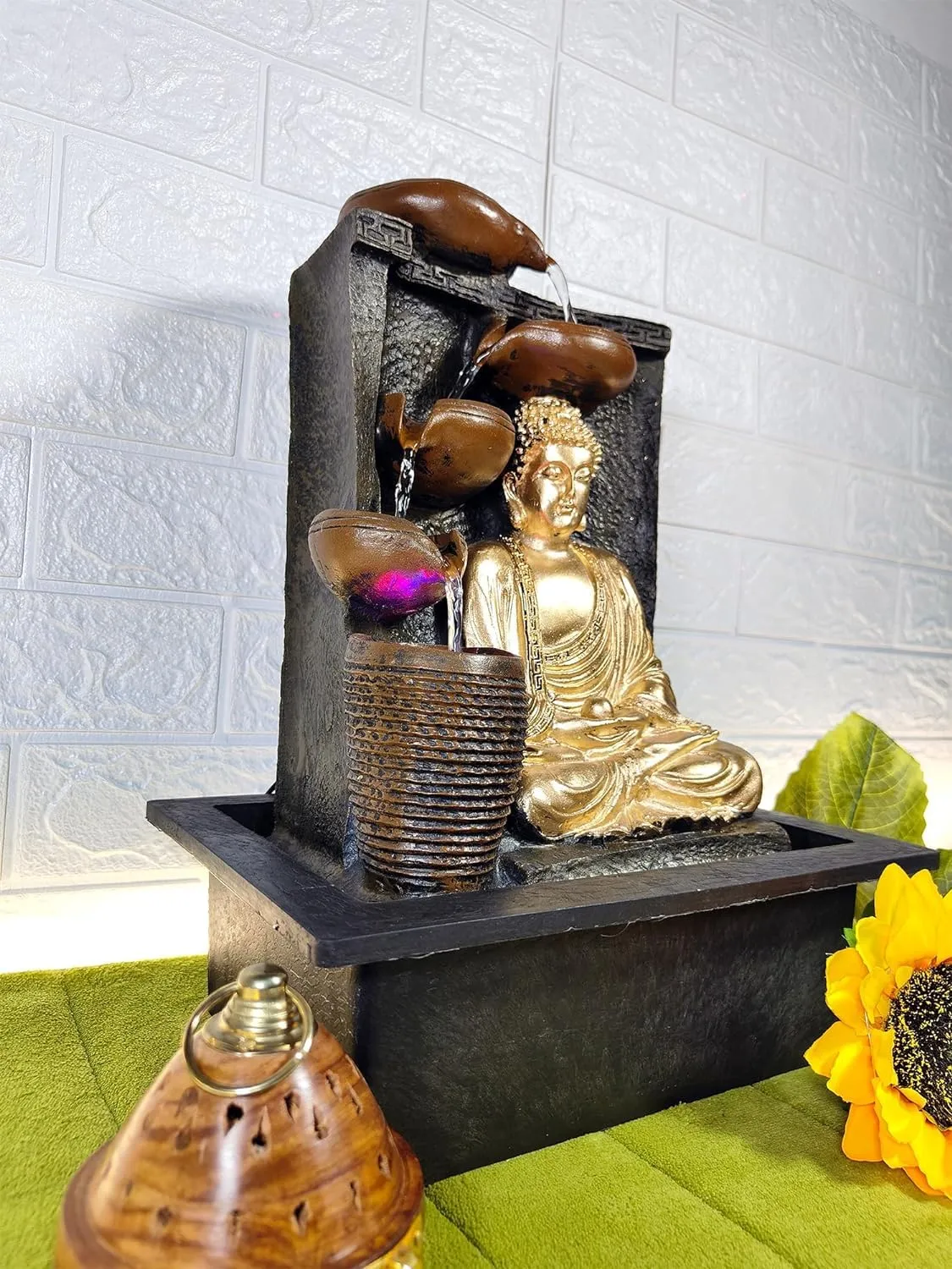UrbCharm Polyresin Lotus Buddha Water Fountain for Home, Office, Garden (40 X 22 X 30Cm) Decor Items for Living Room | Best Gift for Any Occasion. Vastu Kamal Buddha Water Fountain (Golden)