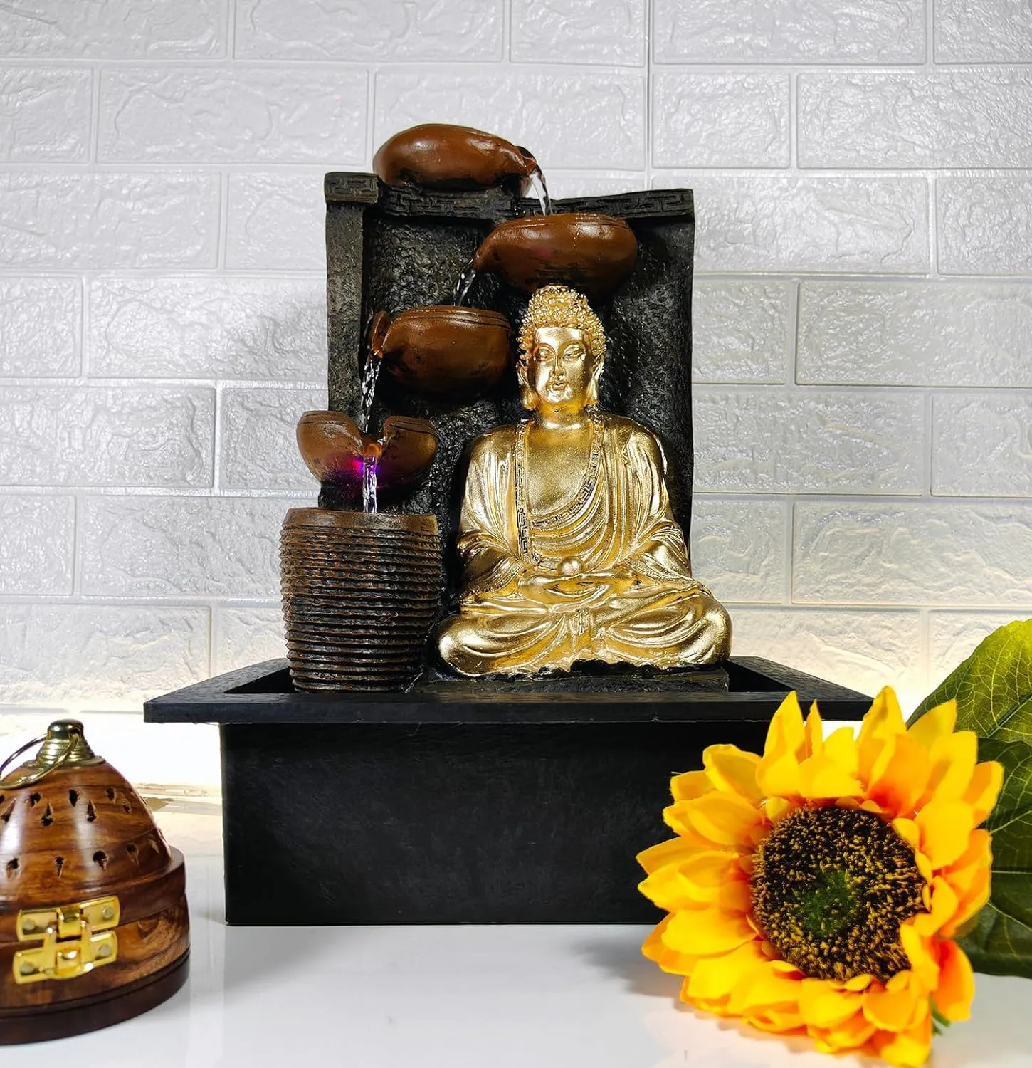 UrbCharm Polyresin Lotus Buddha Water Fountain for Home, Office, Garden (40 X 22 X 30Cm) Decor Items for Living Room | Best Gift for Any Occasion. Vastu Kamal Buddha Water Fountain (Golden)