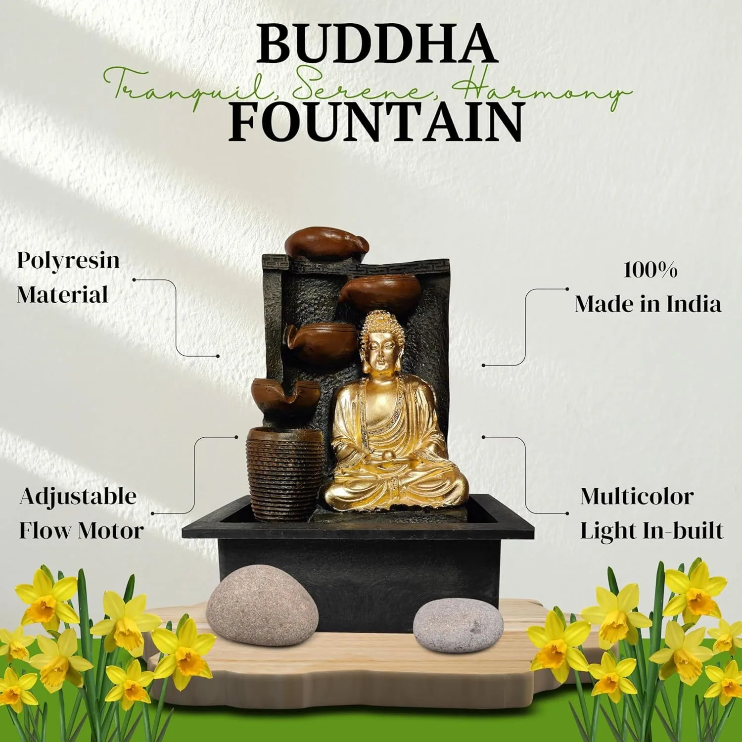 UrbCharm Polyresin Lotus Buddha Water Fountain for Home, Office, Garden (40 X 22 X 30Cm) Decor Items for Living Room | Best Gift for Any Occasion. Vastu Kamal Buddha Water Fountain (Golden)