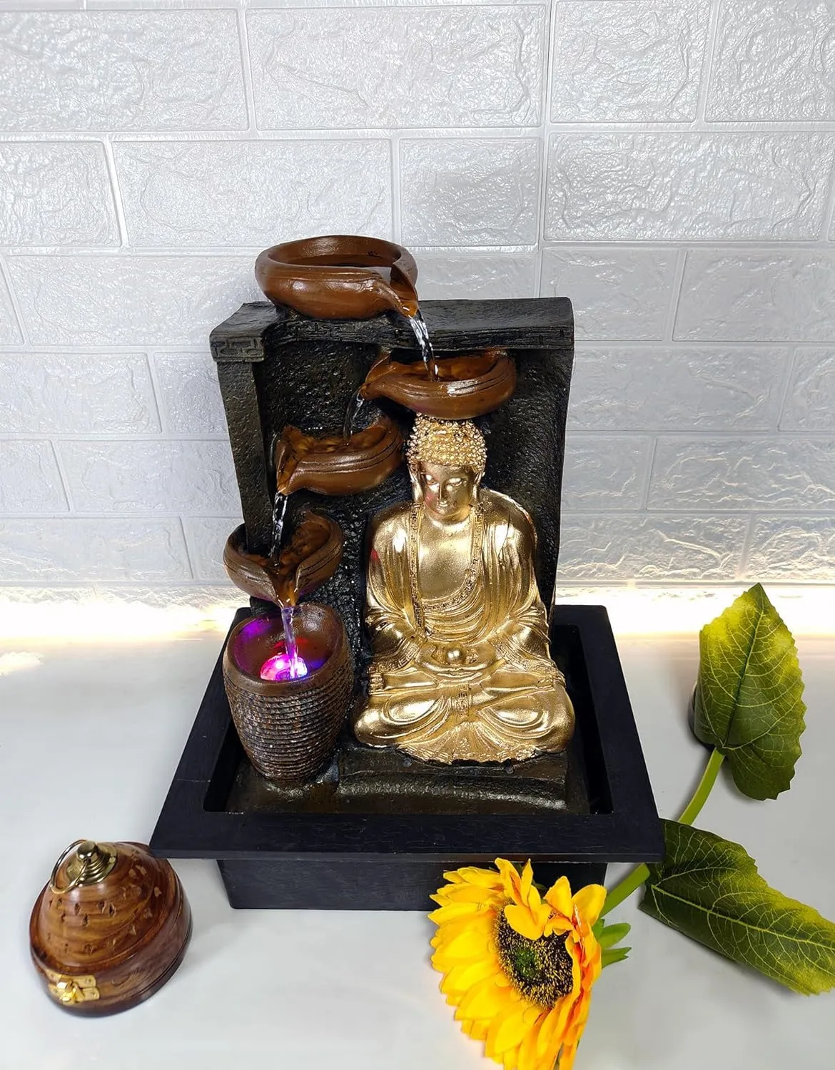 UrbCharm Polyresin Lotus Buddha Water Fountain for Home, Office, Garden (40 X 22 X 30Cm) Decor Items for Living Room | Best Gift for Any Occasion. Vastu Kamal Buddha Water Fountain (Golden)