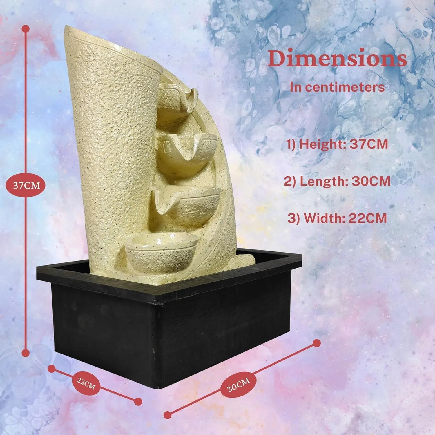ZeniZeni Brown Polyresin Designer Table Top 4 Tier Waterfall Fountain (Size: 40 x 30 x 22 CM) Indoor Home Decor with Multicolour Lights and Water Flow Control Pump