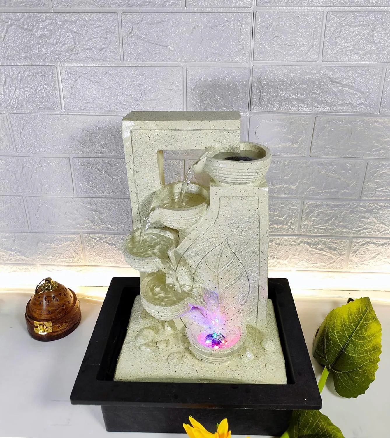 ZeniZeni Polyresin 5 Step Diya Water Fountain for Home, Office, Garden (40 X 22 X 30Cm) Decor Items for Living Room | Best Gift for Any Occasion Water Fountain (White)